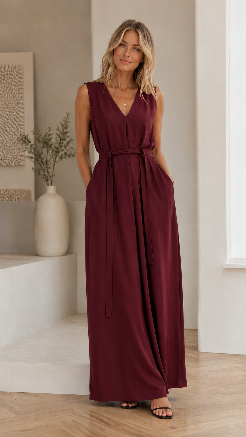 Full-length front view of burgundy sleeveless V-neck maxi dress with tie waist