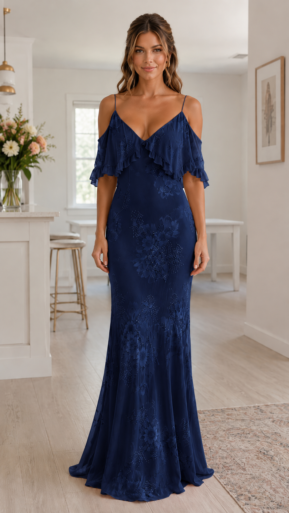 Front view of navy cold shoulder ruffle floral maxi dress