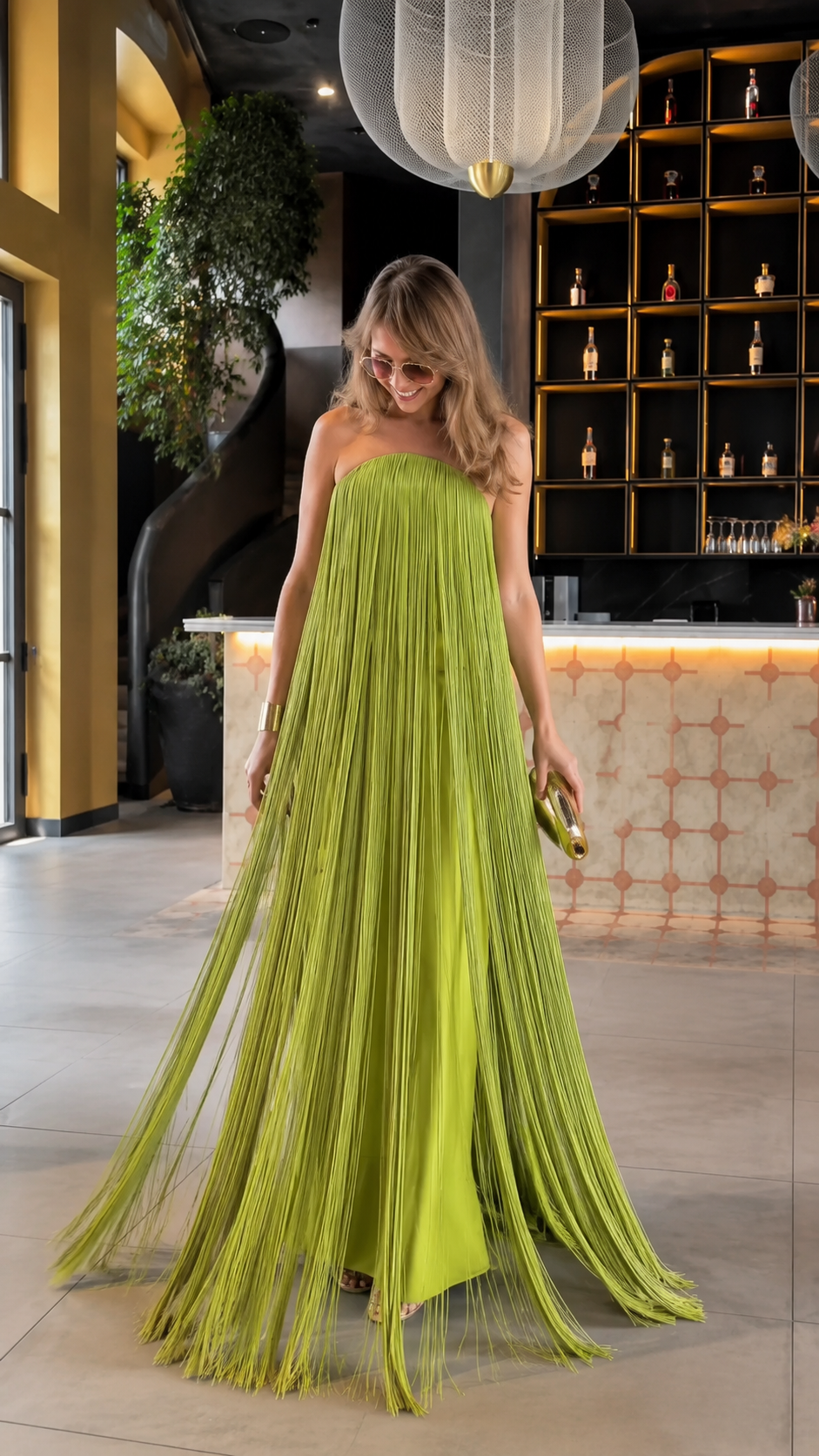 Lime green strapless fringe maxi dress front view
