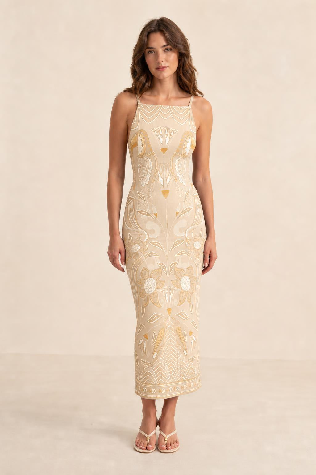 Full length front view of model wearing Beige printed midi dress