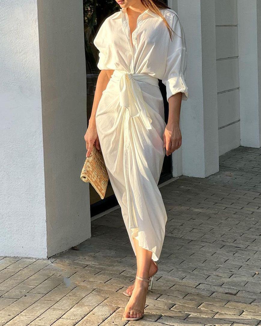 Lapel Shirt Solid Color Dress