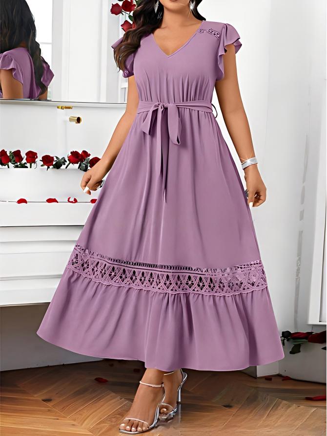 V-Neck Solid-Colored Lace-Patchwork Short-Sleeve Dress