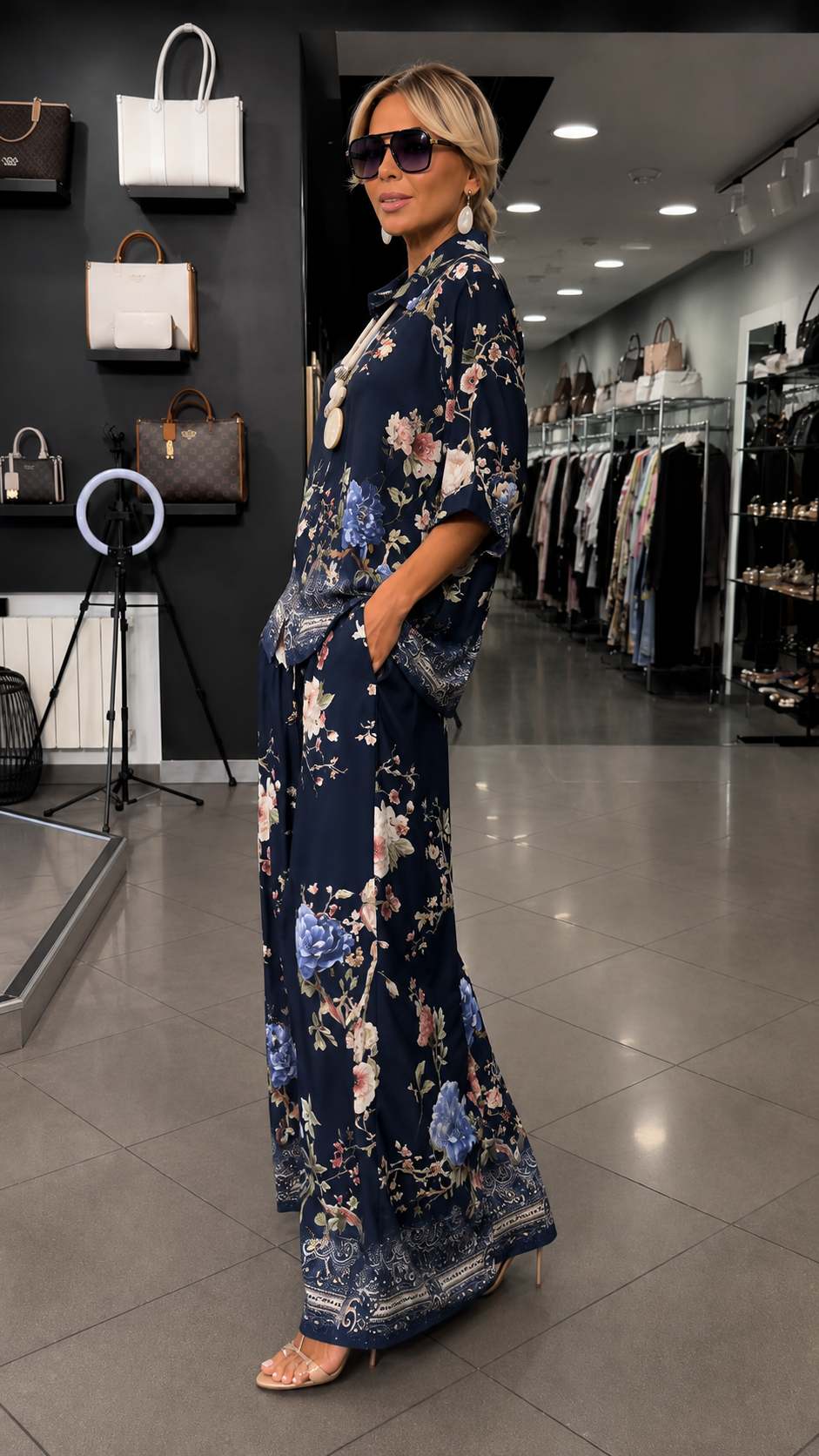 Floral Print Two Piece Set With Button Shirt & Wide Leg