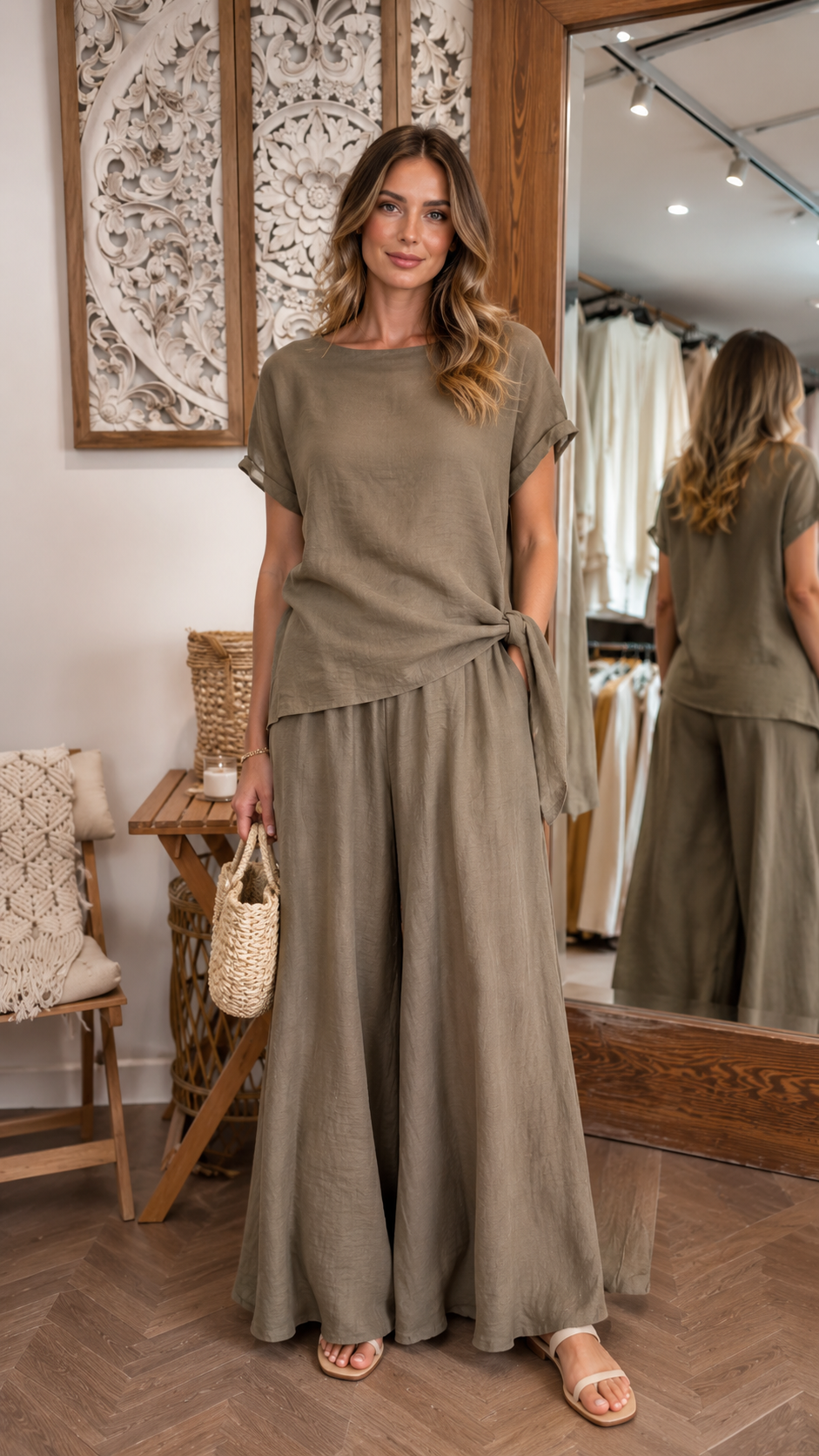 Luna Tie-Front Top & Flowing Wide-Leg Pants Two-Piece Set