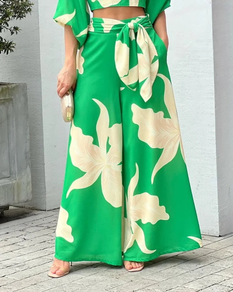 Print V-Neck Long Sleeve Top & Wide Leg Pants Two-Piece Set