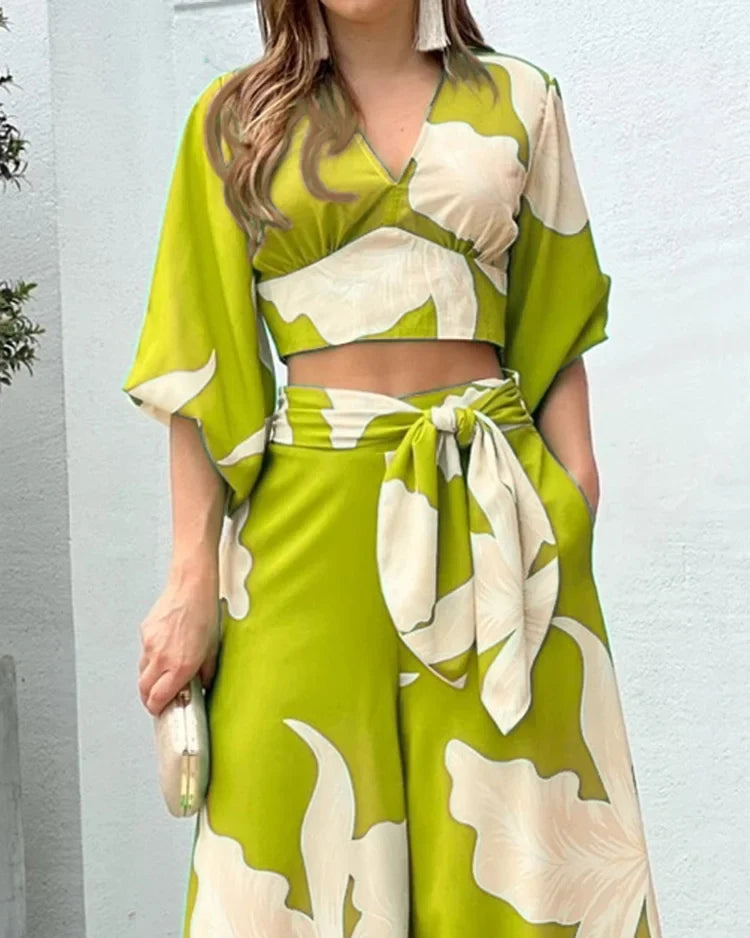 Print V-Neck Long Sleeve Top & Wide Leg Pants Two-Piece Set