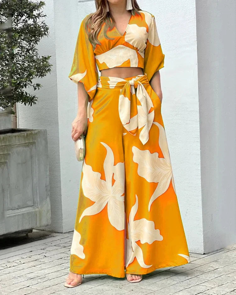 Print V-Neck Long Sleeve Top & Wide Leg Pants Two-Piece Set