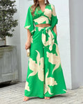 Print V-Neck Long Sleeve Top & Wide Leg Pants Two-Piece Set