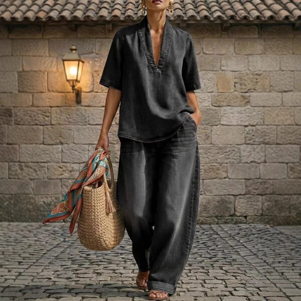 Retro V-neck Denim Set Womens Loose Half-sleeve Top And Wide-leg Pants Two-piece Set