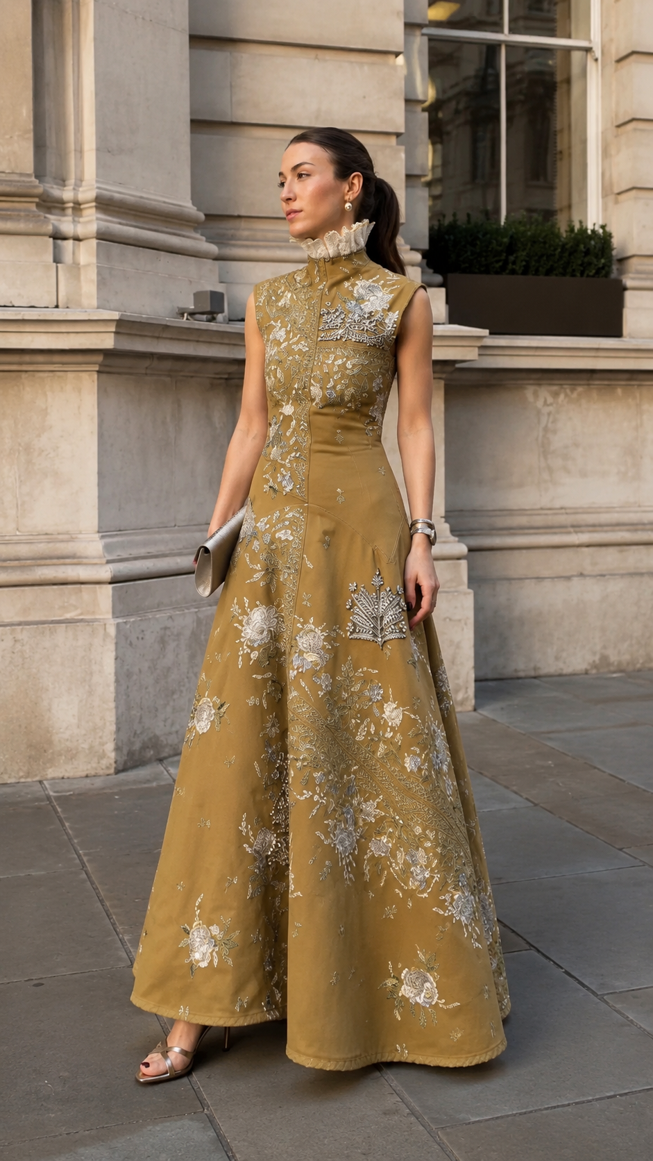 Embroidered Stand Collar Sleeveless Maxi Dress