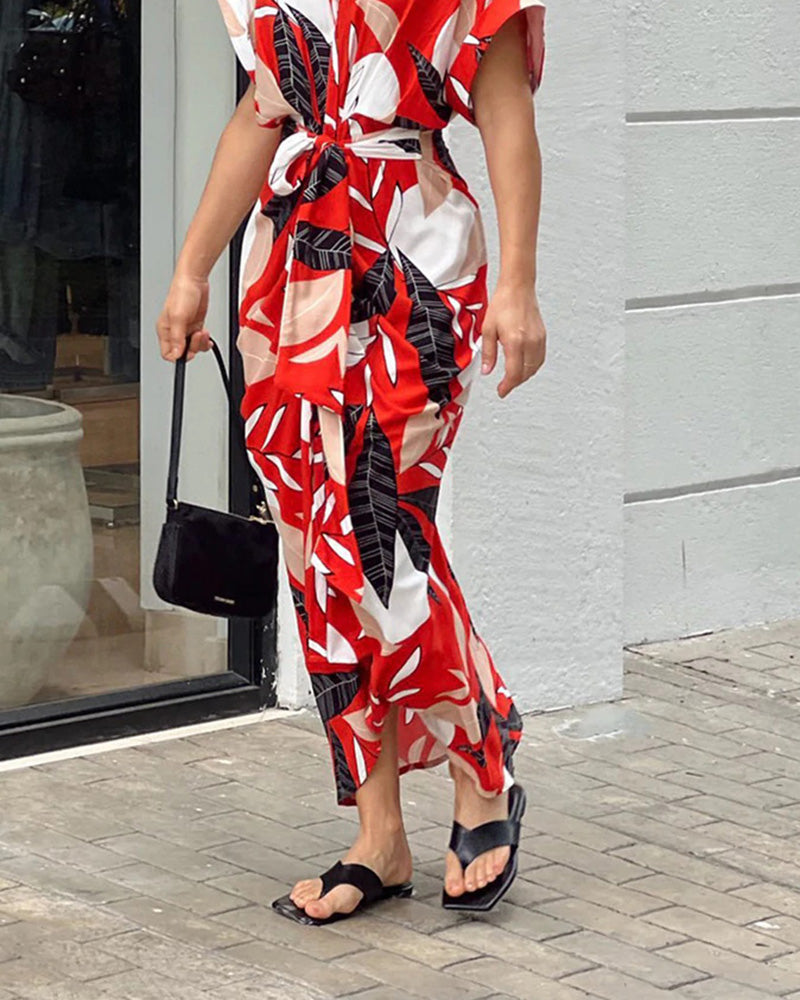 Leaf Print Lace-Up Dress
