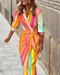 Printed Long-Sleeve Lace-Up Dress