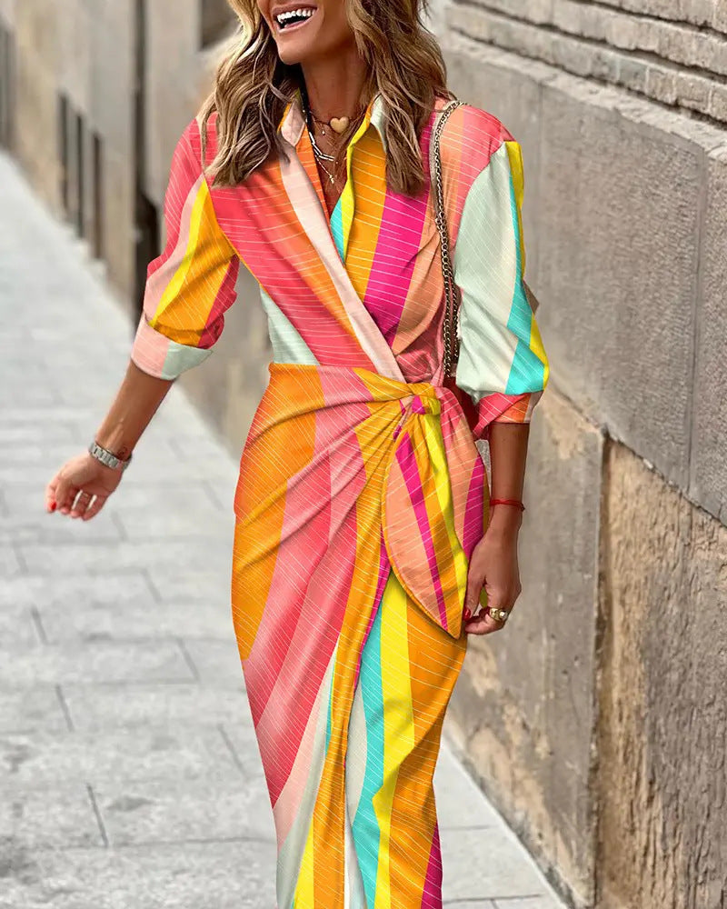 Printed Long-Sleeve Lace-Up Dress
