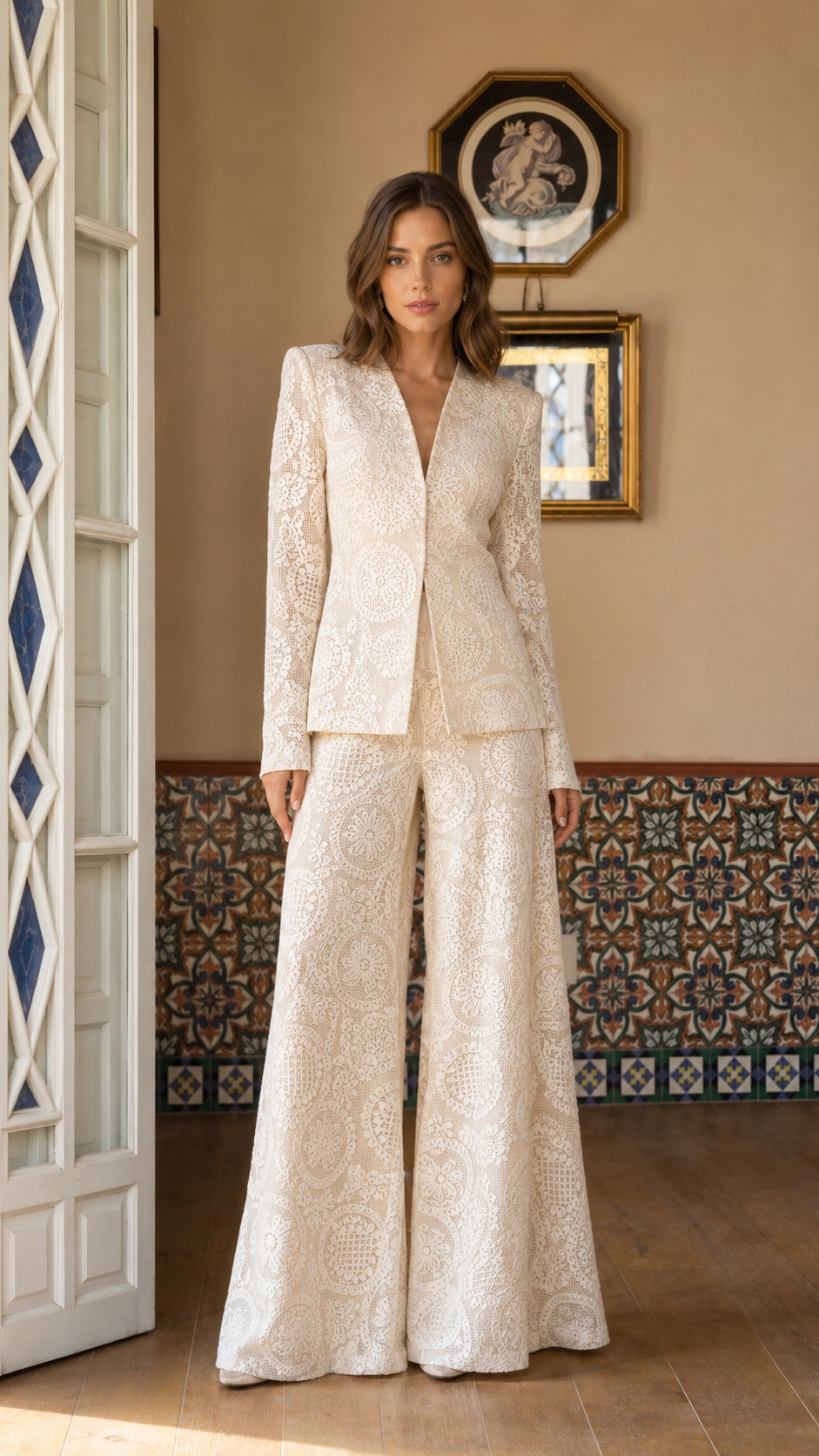 Elegant Lace Blazer & Wide Leg Pants Set
