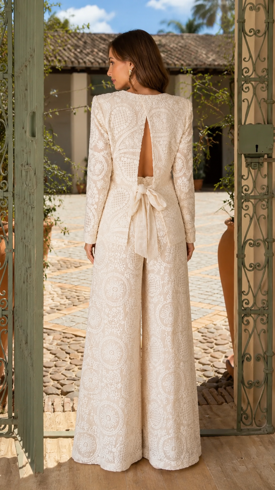 Elegant Lace Blazer & Wide Leg Pants Set