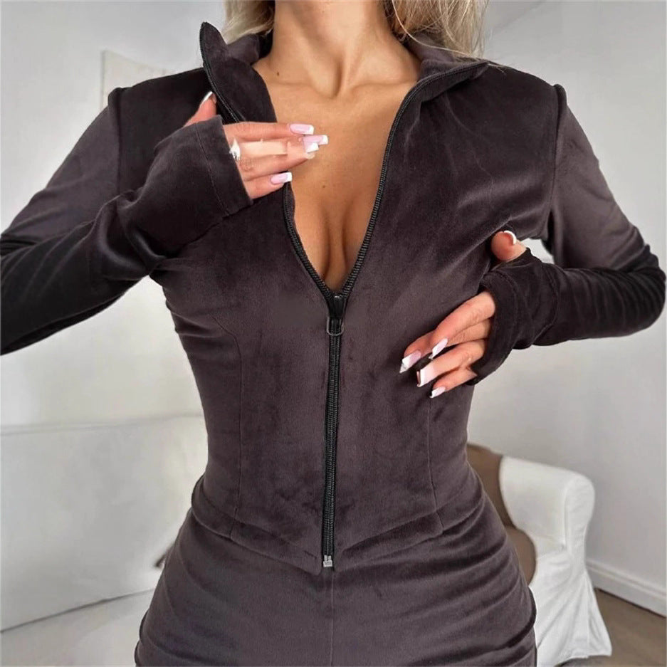 European And American-style Casual Solid-color Zip-up Long-sleeve Fitted Cardigan And Elastic Waist Pants