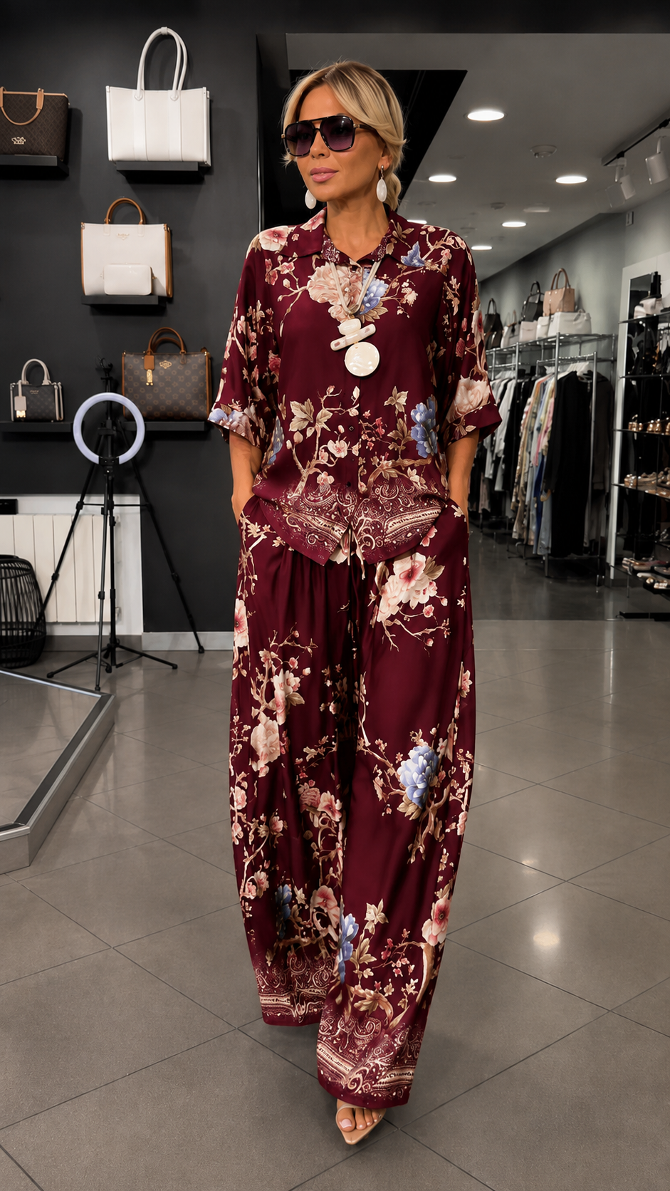 Floral Print Two Piece Set With Button Shirt & Wide Leg Pants