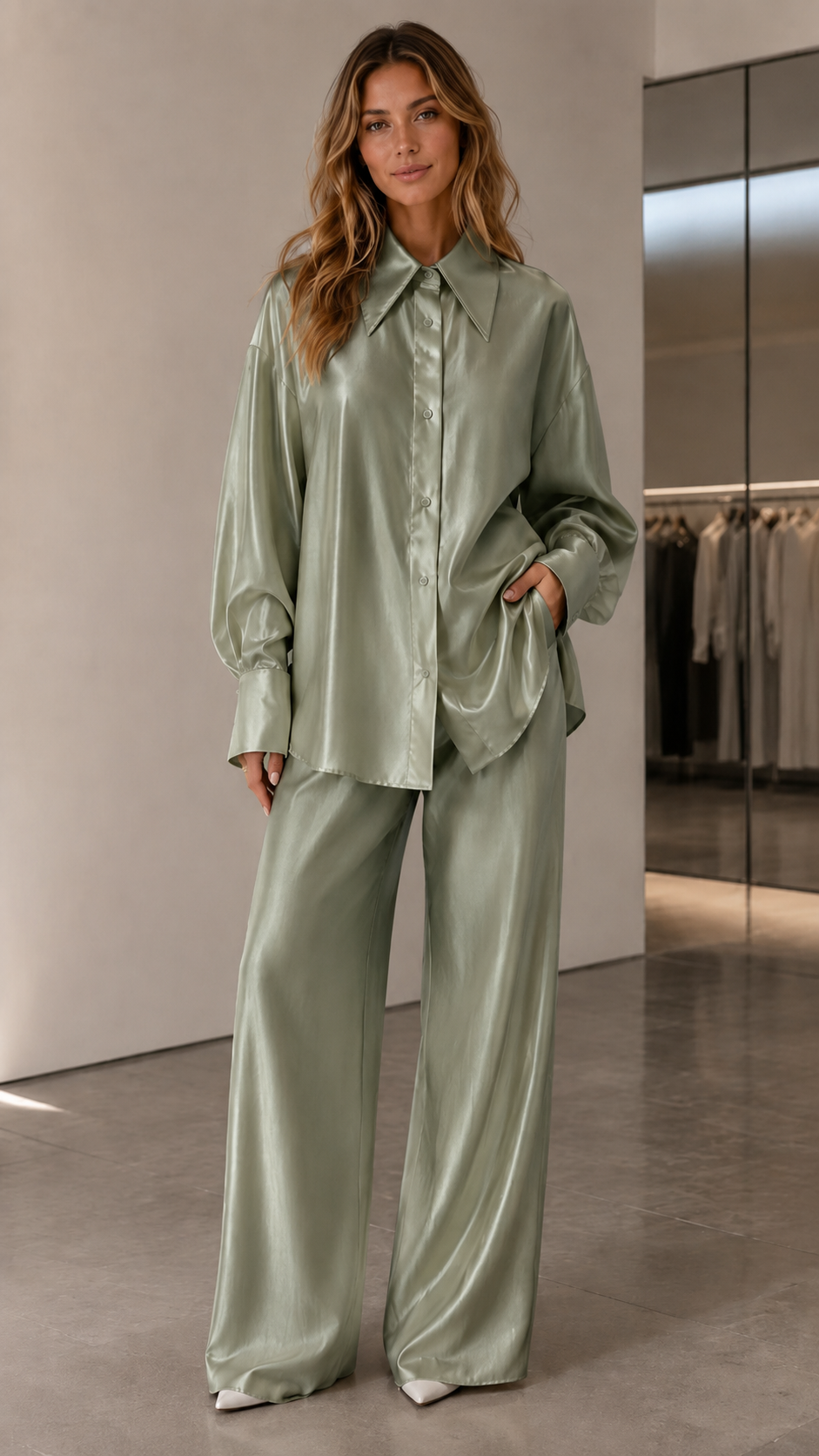 Satin Button-Up Wide Leg Set