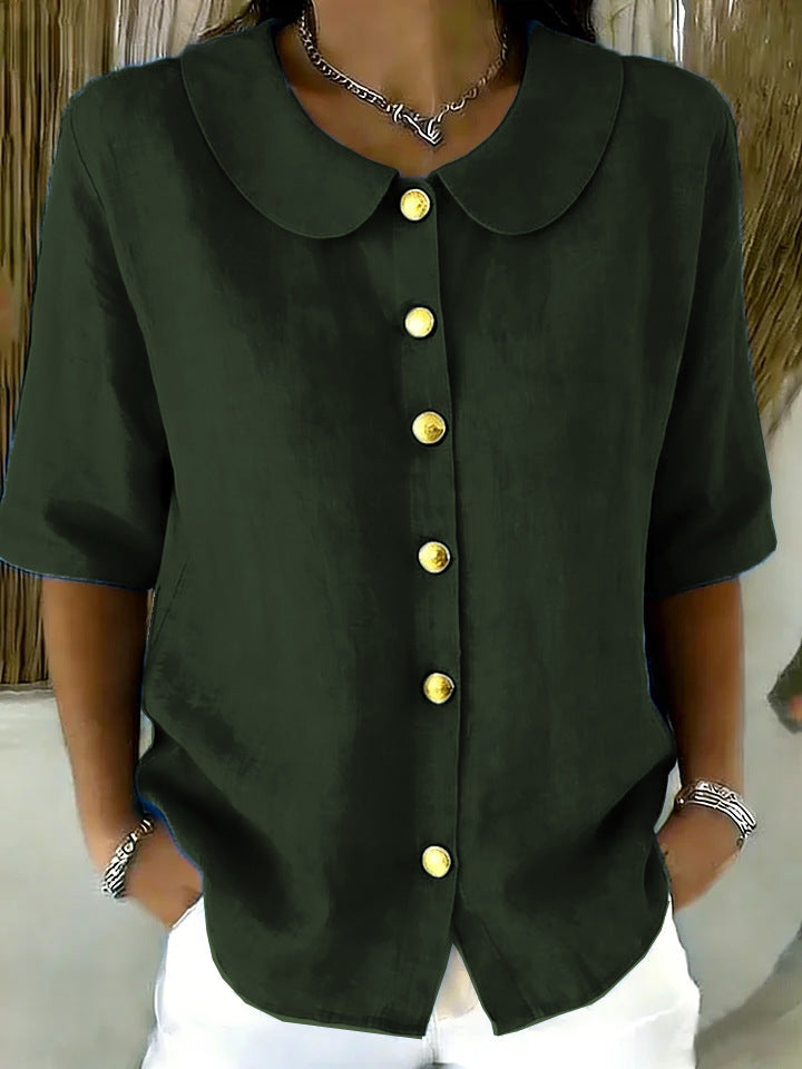 Elegant And Cotton-Linen Short-Sleeve Shirt With Buttons
