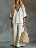 Contrast Trim V-Neck Wide-Leg Two-Piece Set