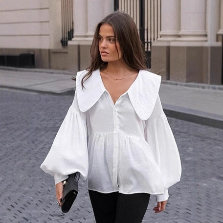 White Doll-collar Shirt With Lantern Sleeves