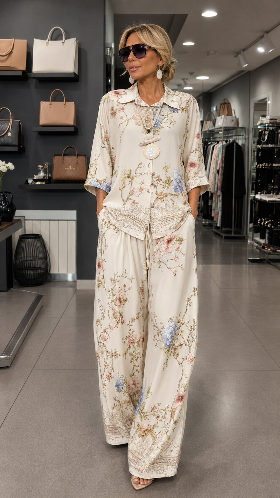 Floral Print Two Piece Set With Button Shirt & Wide Leg Pants