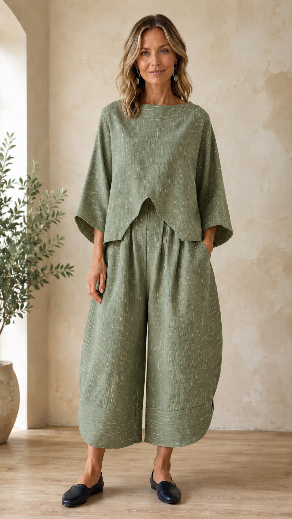 Elegant Textured Two-Piece Top & Wide-Leg Pants Set