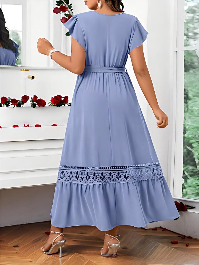 V-Neck Solid-Colored Lace-Patchwork Short-Sleeve Dress