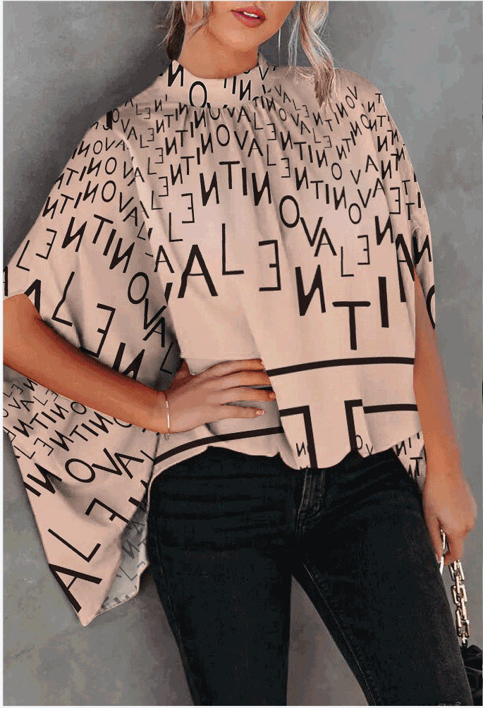 Round Neck Loose Doll Sleeve Print Shirt Top