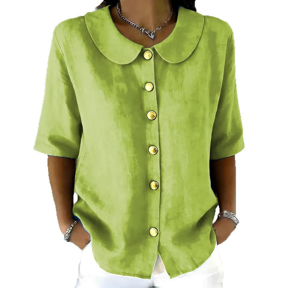 Elegant And Cotton-Linen Short-Sleeve Shirt With Buttons