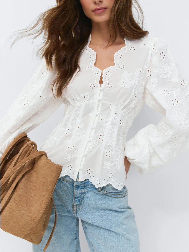 Lace-Trimmed Casual Solid-Color Shirt