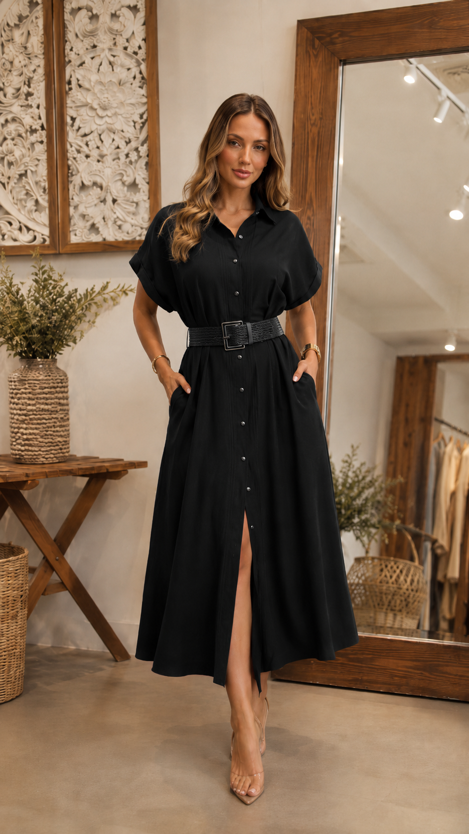Belted Button-Up Midi Shirt Dress
