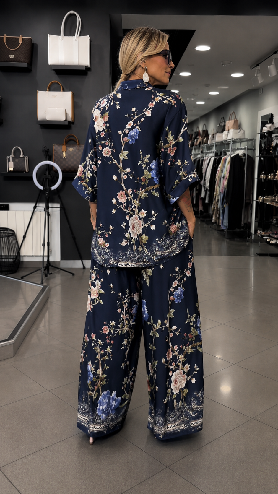Floral Print Two Piece Set With Button Shirt & Wide Leg