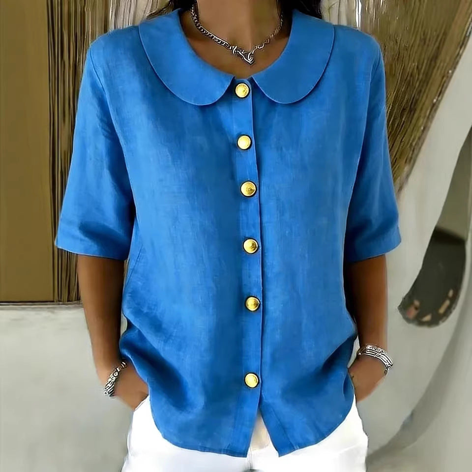 Elegant And Stylish Cotton-Linen Womens Short-Sleeve Shirt With Buttons