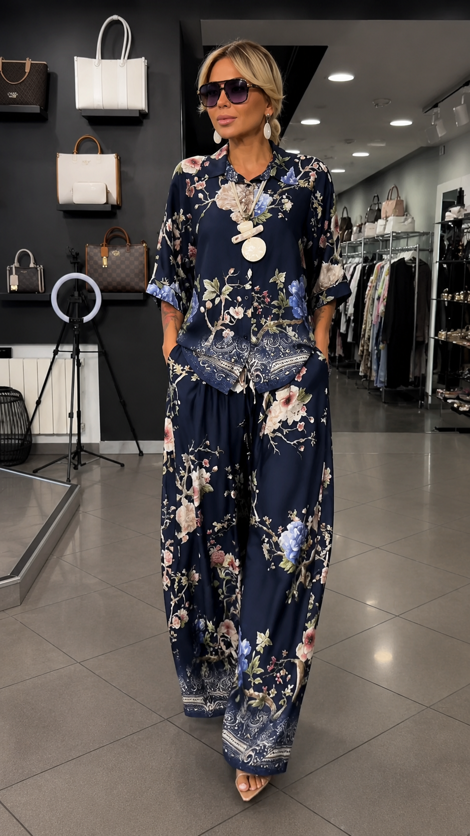Floral Print Two Piece Set With Button Shirt & Wide Leg Pants