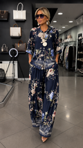 Floral Print Two Piece Set With Button Shirt & Wide Leg Pants