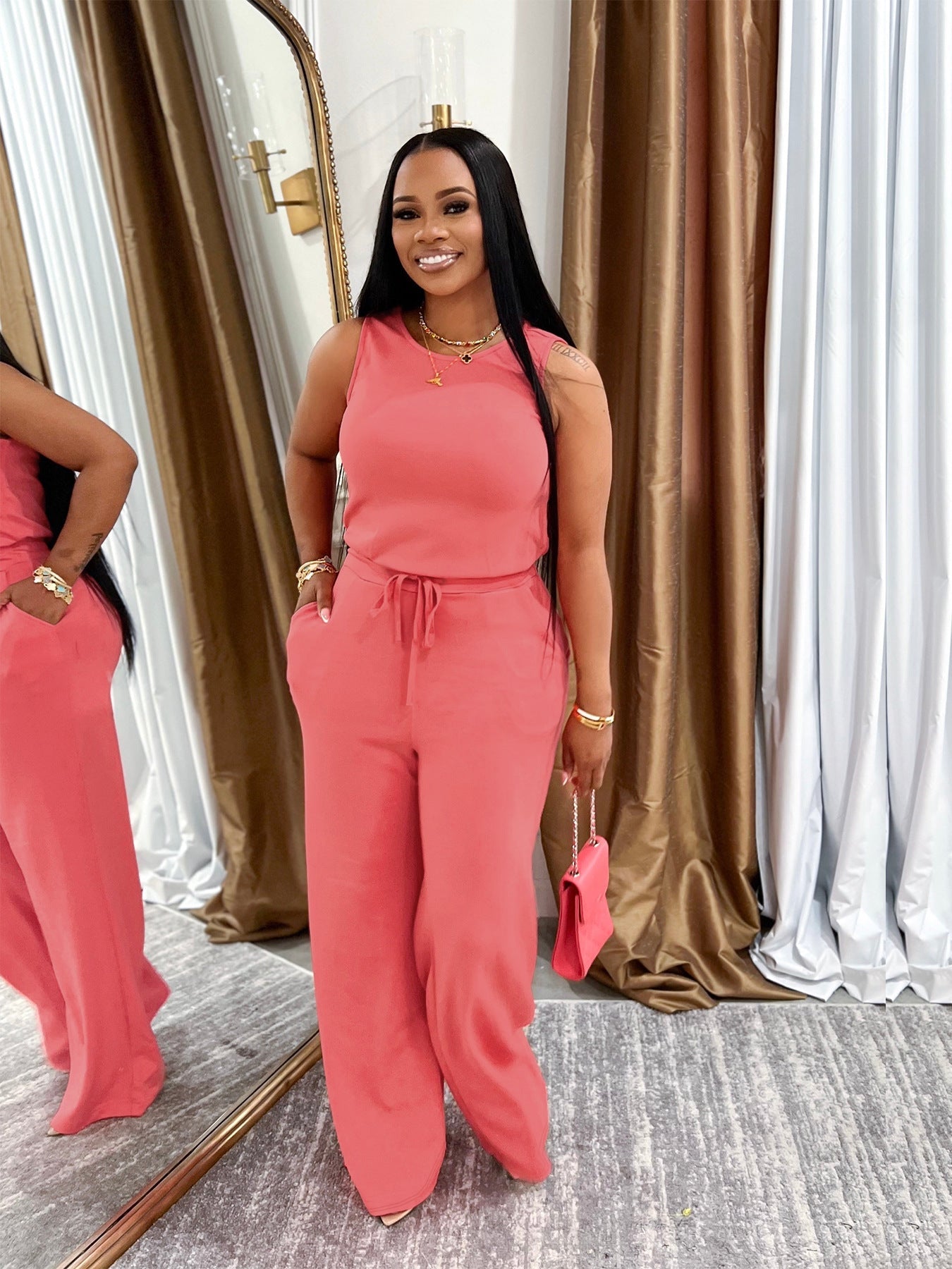 Summer New All-Match EuropeanAmerican Style Fashionable Slimming Casual Solid-Colored Lace-Up Jumpsuit