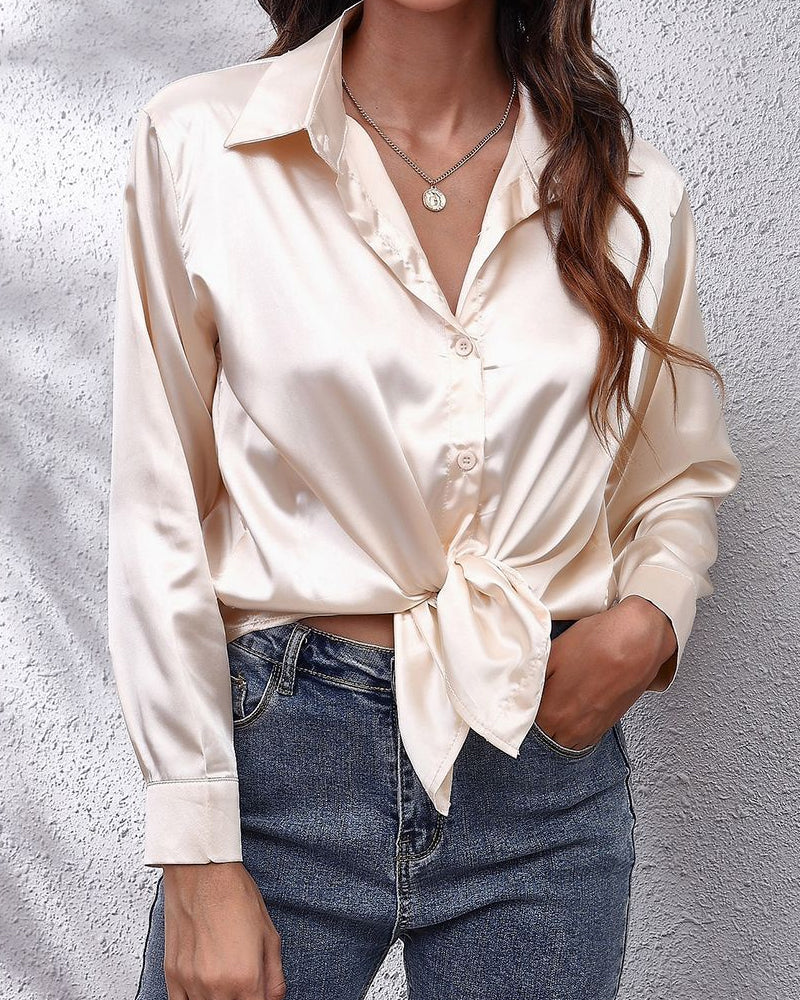 Solid Color Lapel Long Sleeve Shirt