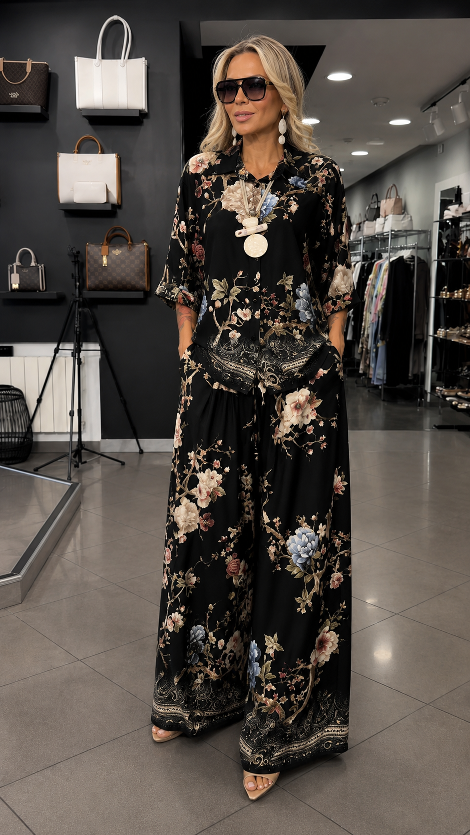 Floral Print Two Piece Set With Button Shirt & Wide Leg