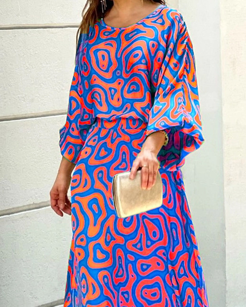 Crew Neck Print Top & Skirt Two Piece Set