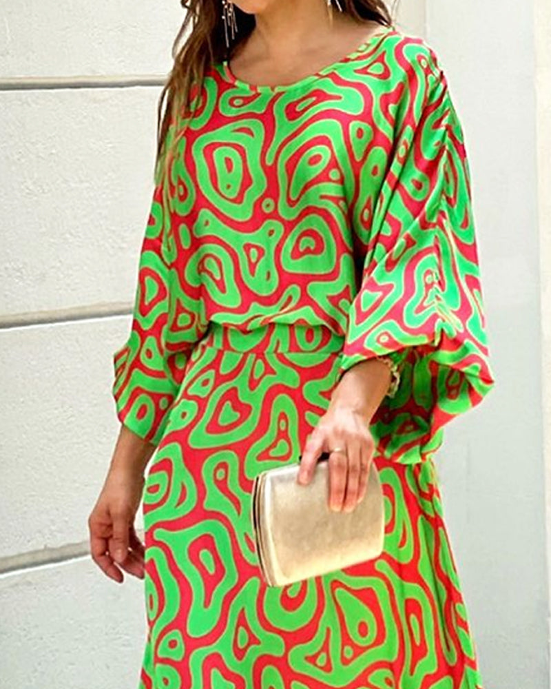 Crew Neck Print Top & Skirt Two Piece Set