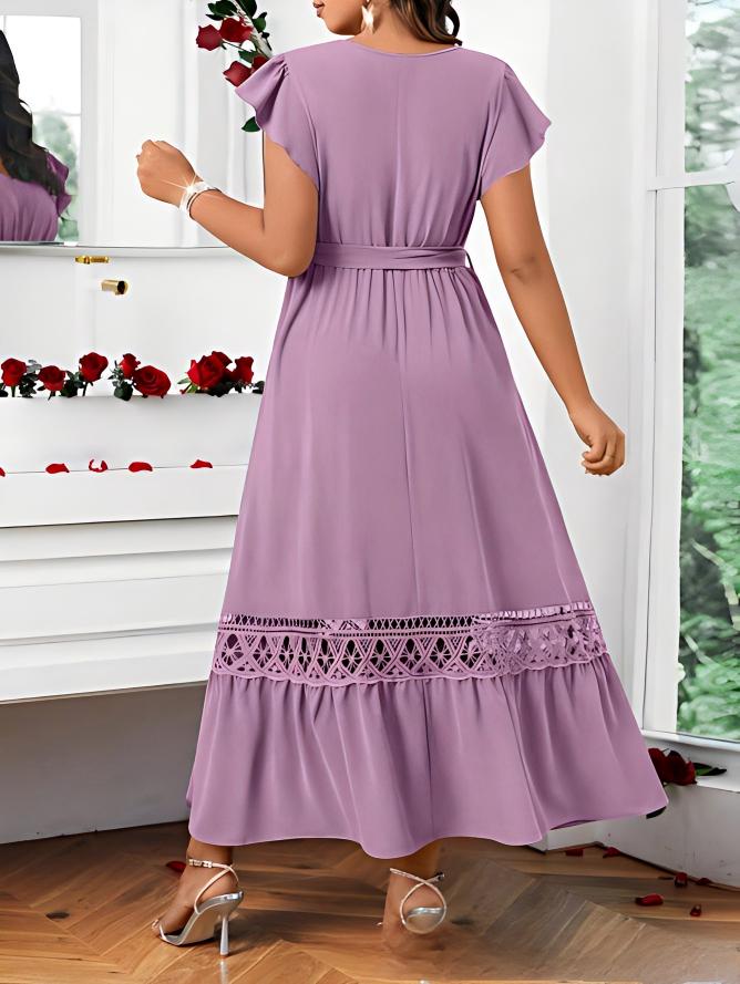 V-Neck Solid-Colored Lace-Patchwork Short-Sleeve Dress
