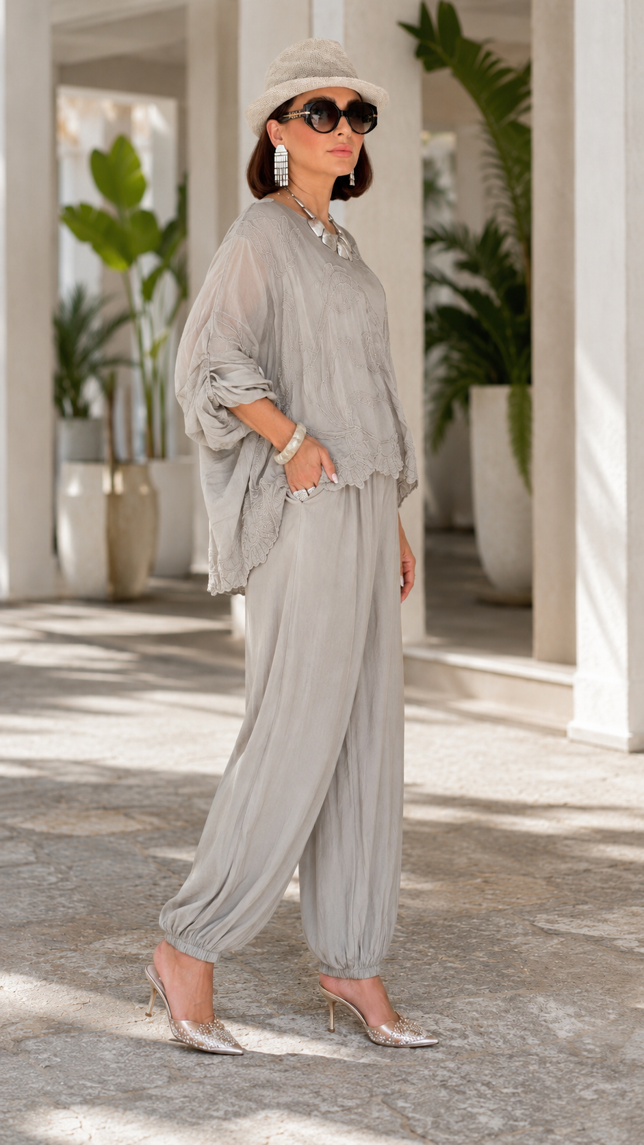 Elegant Embroidered Floral Two-Piece Lounge Set