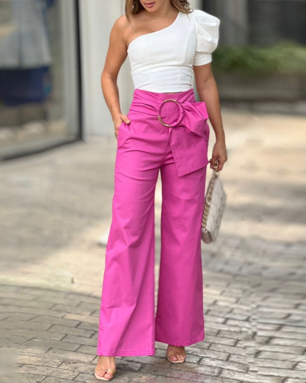 One-Shoulder Puff Sleeve Two-Piece Set