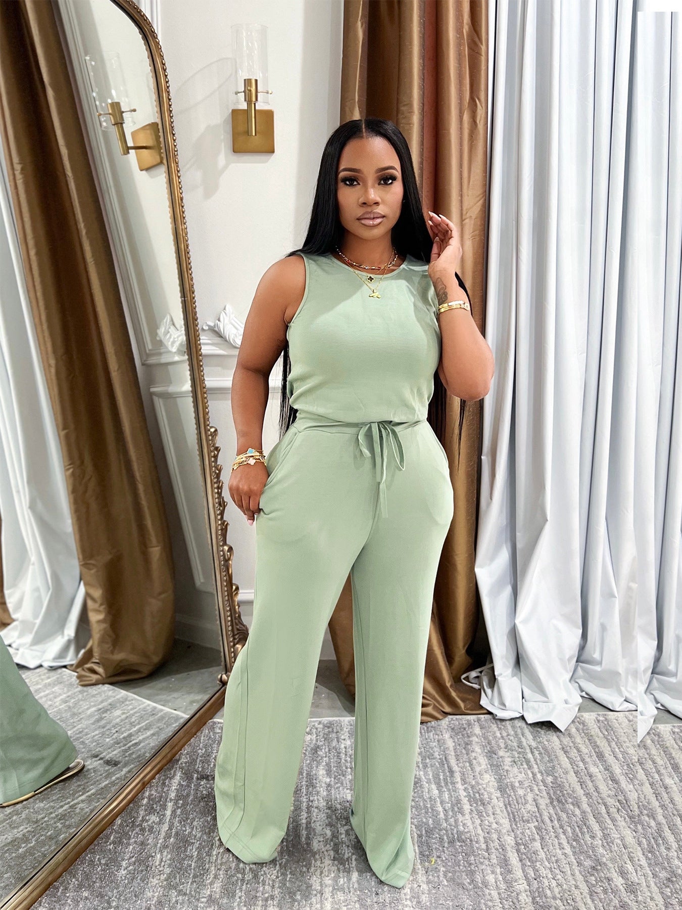 Summer New All-Match EuropeanAmerican Style Fashionable Slimming Casual Solid-Colored Lace-Up Jumpsuit