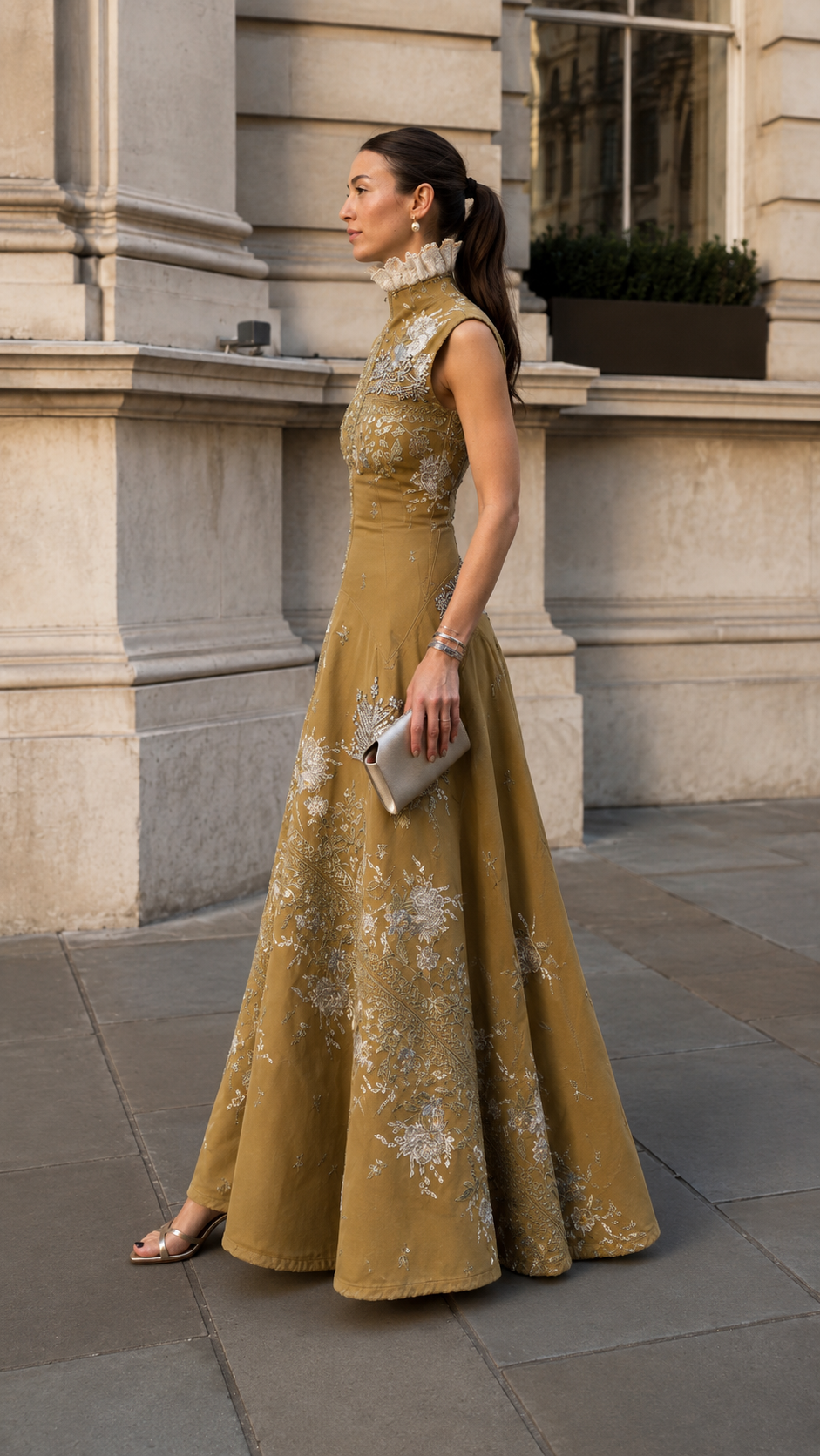 Embroidered Stand Collar Sleeveless Maxi Dress
