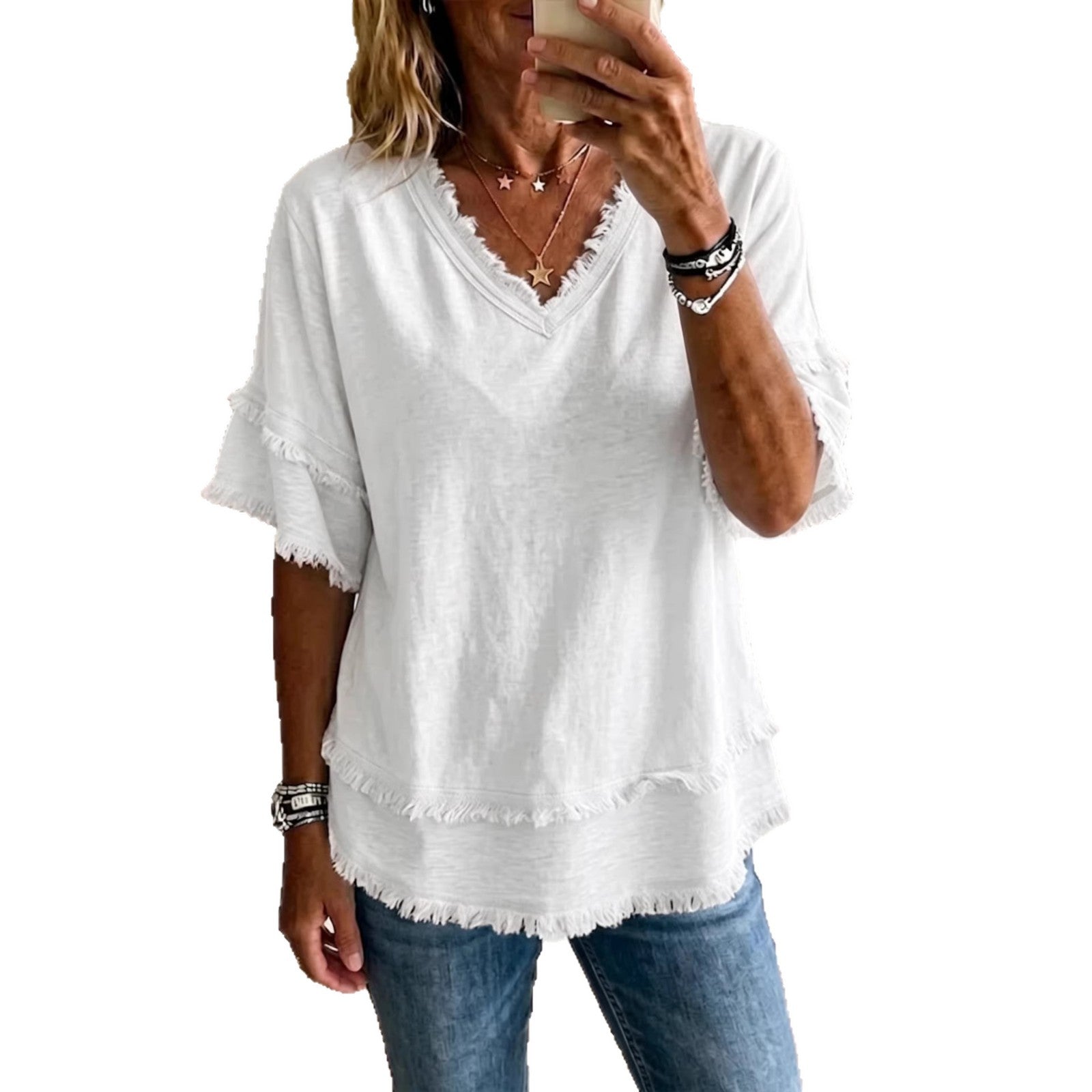 Women's V-Neck Pullover Short-Sleeve Loose Shirt