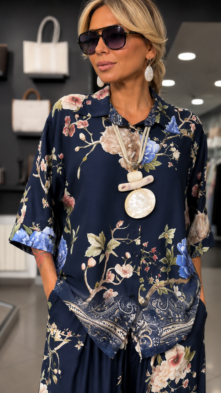 Floral Print Two Piece Set With Button Shirt & Wide Leg