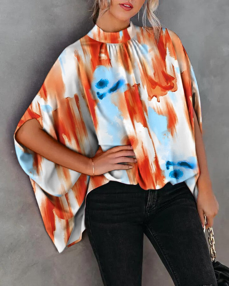 Round Neck Loose Doll Sleeve Print Shirt Top