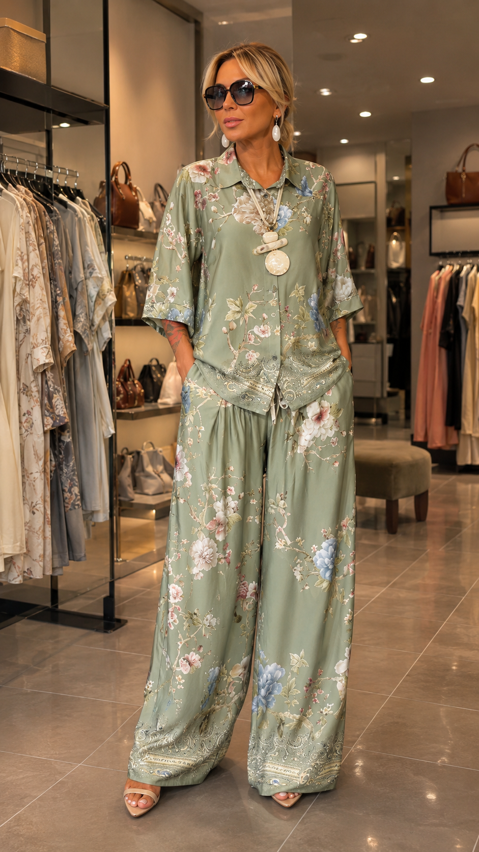 Floral Print Two Piece Set With Button Shirt & Wide Leg Pants